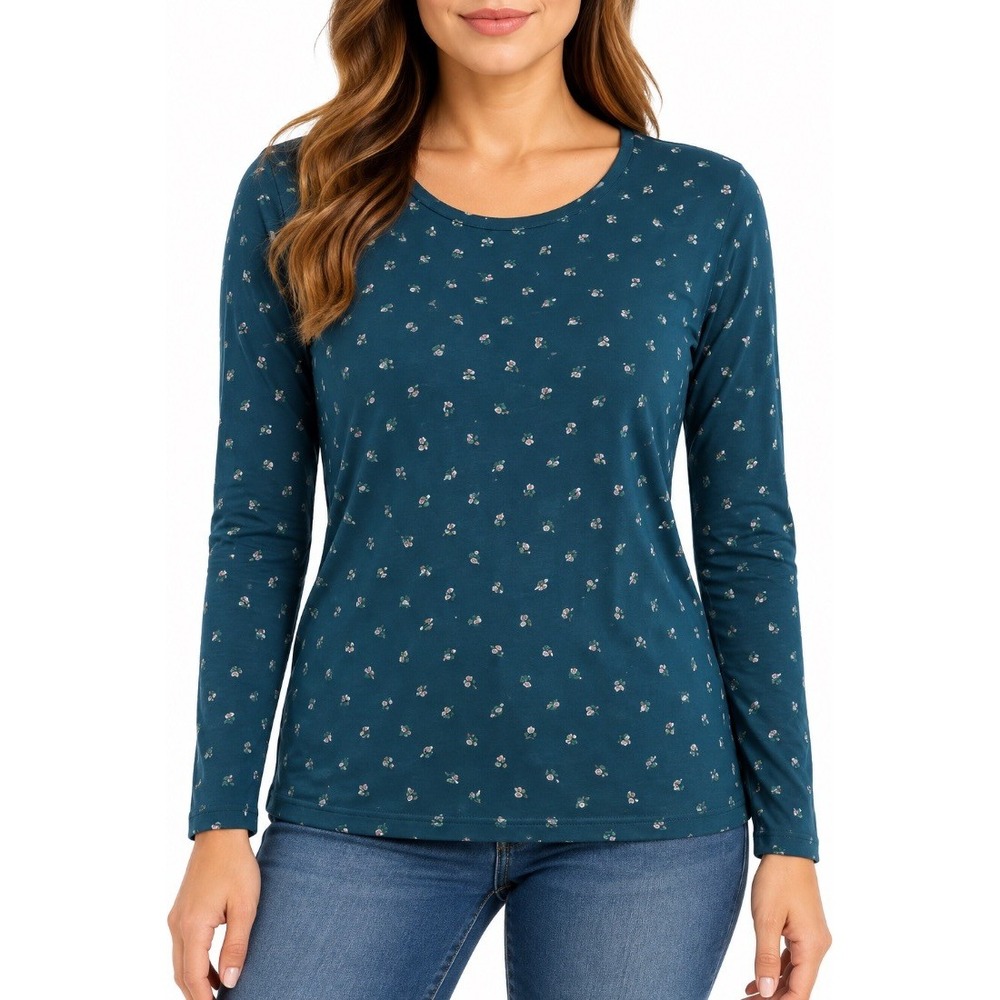 Croft Barrow Womens Classic Tee Blouse Teal Floral Print Long Sleeve Size L